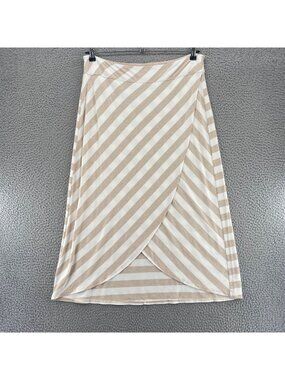 Athleta Skirt Womens Extra Large Beige White Striped Stretch Knit Faux Wrap Midi
